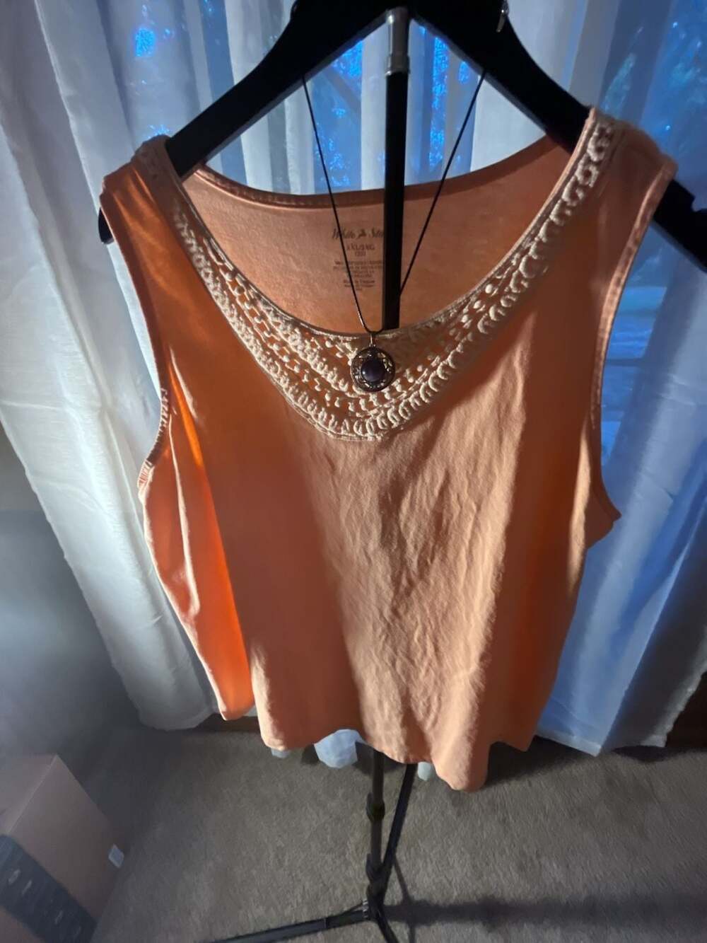White Stag Women's Peach Sleeveless Tank Top with Embellished Crochet Neckline - Picture 3 of 7